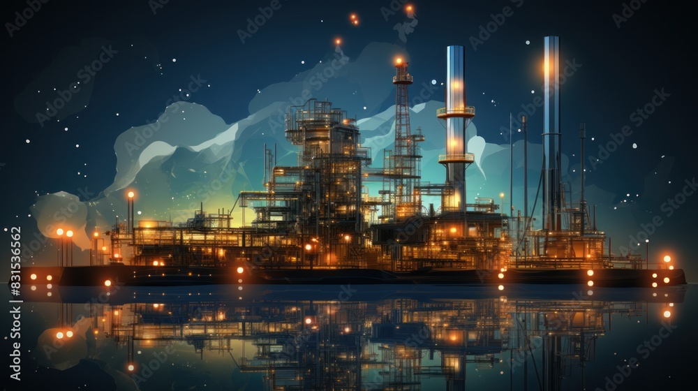 A digital concept art of an industrial complex with illuminated structures reflecting in water, depicting energy and technology themes A digital concept art of an industrial complex with illuminated structures reflecting in water, depicting energy and technology themes