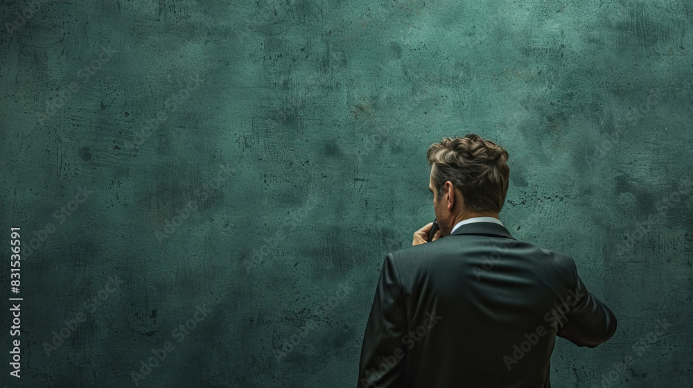 rear or back view of a businessman on phone call wearing blazer three piece suit, abstract wall background, space for text, business cards idea, banners, advertisements rear or back view of a businessman on phone call wearing blazer three piece suit, abstract wall background, space for text, business cards idea, banners, advertisements