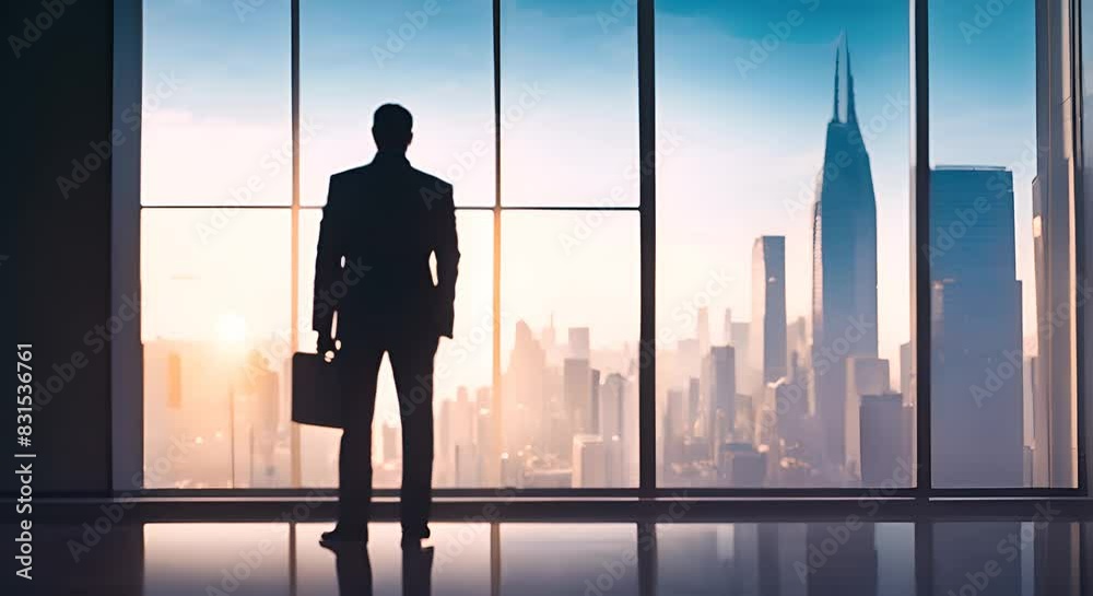 A silhouette of a businessman standing in front of a window looking out into the cityscape A silhouette of a businessman standing in front of a window looking out into the cityscape