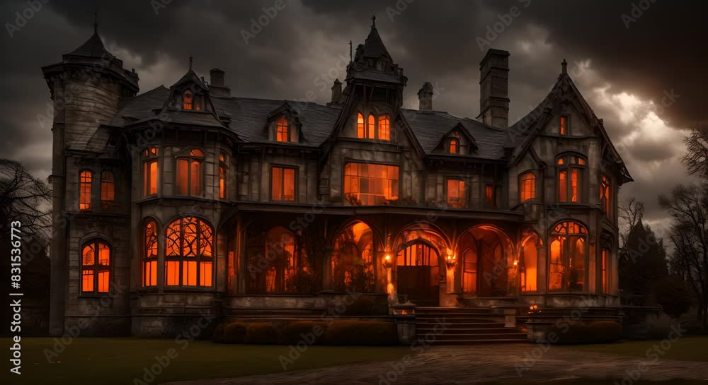 A spooky Halloween themed manor with glowing orange windows set against a dark and stormy sky The eerie atmosphere and gothic architecture make it perfect for a haunted night A spooky Halloween themed manor with glowing orange windows set against a dark and stormy sky The eerie atmosphere and gothic architecture make it perfect for a haunted night