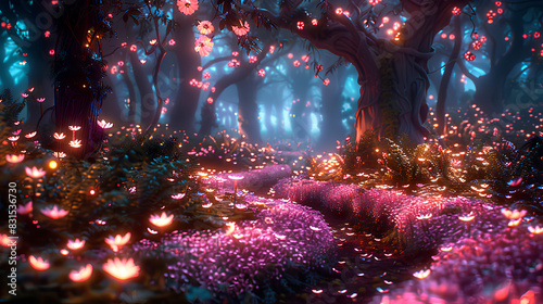 Neon fairy tale forest with luminous flowers, mystery path in dark magical woods, glowing plants and lights in wonderland. Concept of fantasy night, beauty, nature, landscape, art  © assia