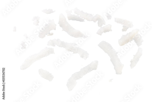 Fresh coconut flakes on white background, top view. Close-up