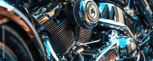 A highly detailed close-up of a chrome motorcycle engine showcasing mechanical complexity.