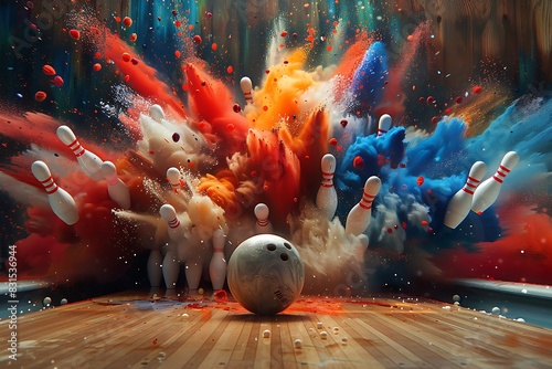 A bowling ball exploding into a cloud of pins and colorful dust after a perfect strike. photo
