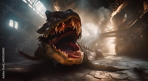 Giant scary monster jaws lying on a floor of a dungeon or laboratory Magical artifact Fantasy sci fi horror movie Cinematic Hunger fear predator concept Dragon jaw with big sharp teeth Scary photo