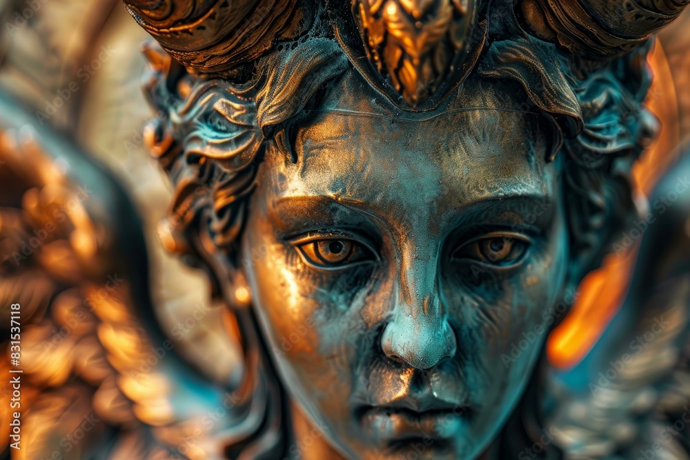Closeup shot of a bronze angel statue with intricate details highlighted by warm light
