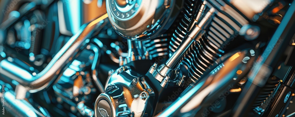 Obraz premium A highly detailed close-up of a chrome motorcycle engine showcasing mechanical complexity.