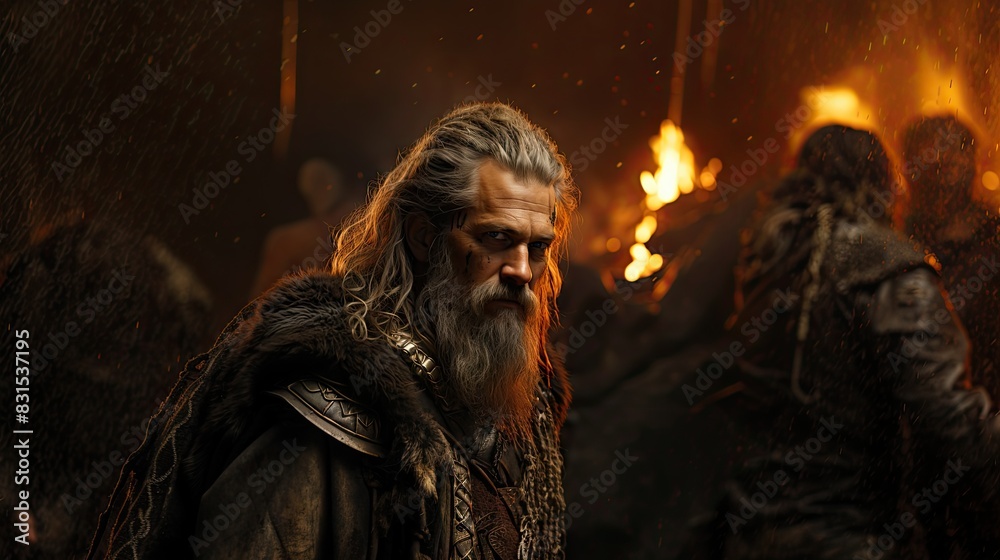 An epic scene with a Viking warrior in traditional costume standing in front of a burning background