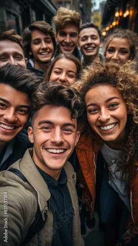 A jovial group of nine young friends take a lively selfie together on a city street