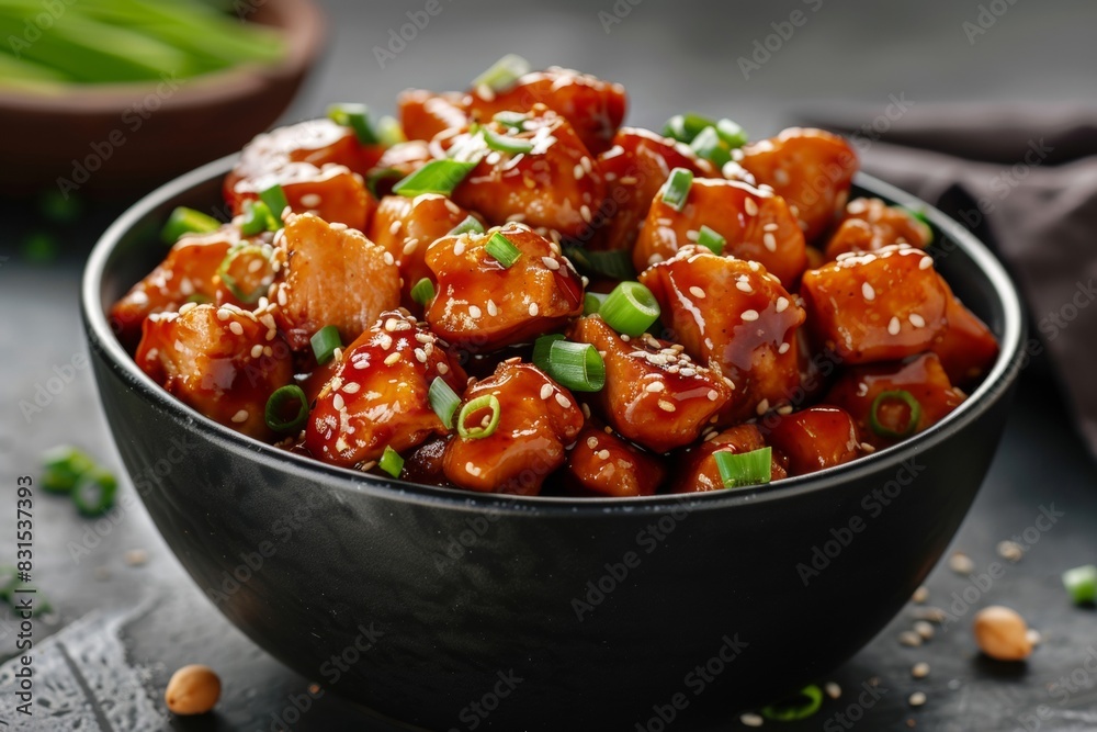 Teriyaki chicken topped with sesame seeds and green onions in an elegant black bowl - culinary presentation - recipe inspiration - gourmet dining Teriyaki chicken topped with sesame seeds and green onions in an elegant black bowl - culinary presentation - recipe inspiration - gourmet dining