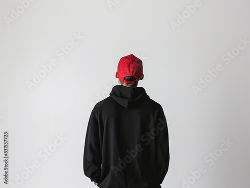 Man stands facing away wearing black hoodie and red baseball cap, man stands with his back to the camera wearing black hoodie and red baseball cap. photo