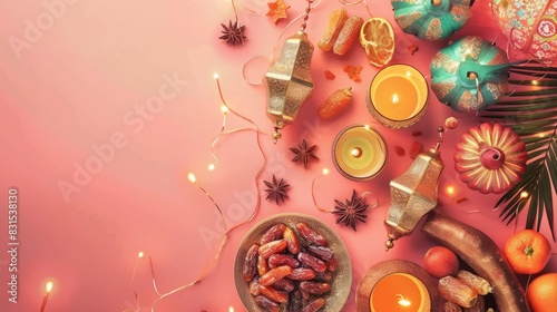 Festive table laid out with candles, festive table is laid out with candles fruit and Christmas decorations. photo