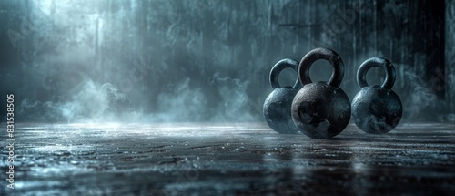 Three kettlebells on a wet, foggy concrete floor in a dimly lit gym, creating a dramatic and intense workout atmosphere.