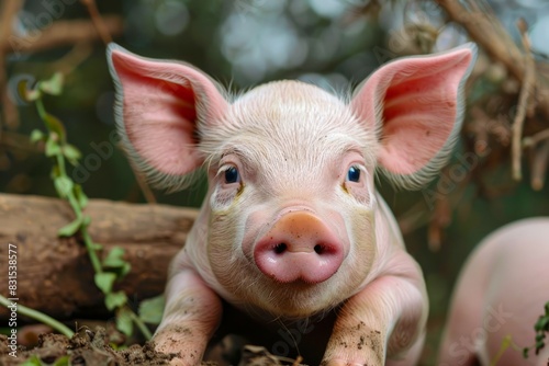 Curious Piglet in the Forest, A close-up portrait of a pink piglet with large ears and curious eyes, exploring a forest floor.