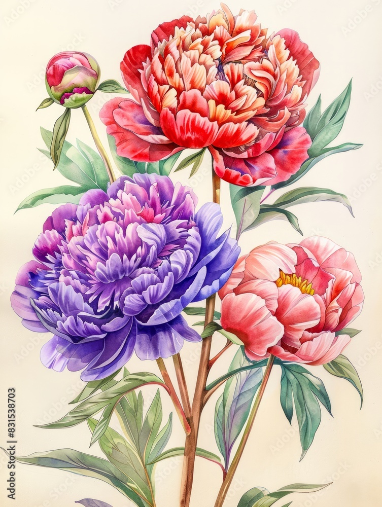 Watercolor Peonies in Full Bloom, A watercolor painting of vibrant pink ...