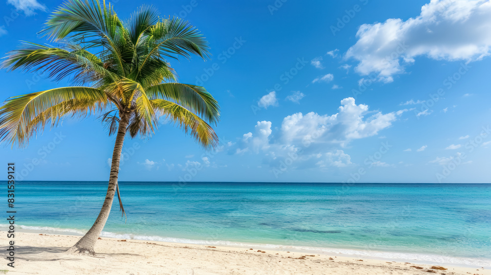 tropical paradise scene with a lone palm tree on a serene Caribbean beach