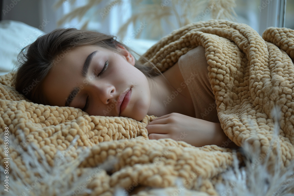 A calming scene of a person using a weighted blanket, promoting a sense of security and restful sleep. A calming scene of a person using a weighted blanket, promoting a sense of security and restful sleep.