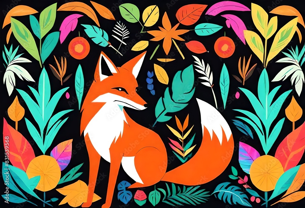 Naklejka premium Geometric farming,70s Maximalist,pattern,, colorful vibrant, fox,, tropical elements, animals, flat color