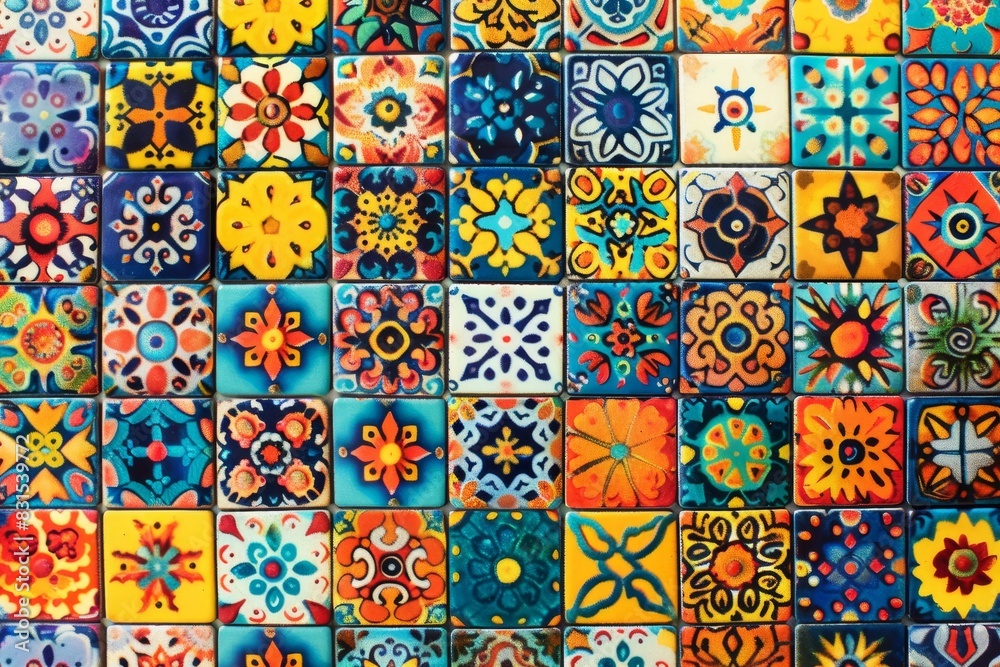 Vibrant Mosaic of Traditional Hand-Painted Ceramic Tiles: A Colorful and Artistic Display of Craftsmanship
