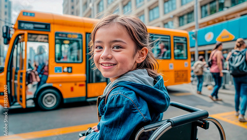 Confident little girl in a wheelchair gets on a city bus, barrier-free environment
