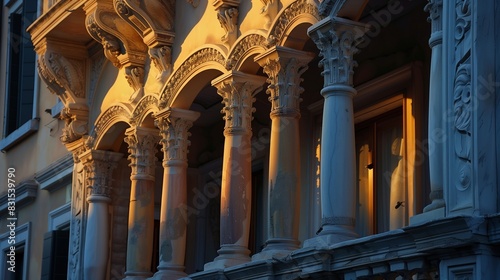 Renaissance archivolts with pilasters and pediments glow softly in late afternoon light, highlighting details. photo