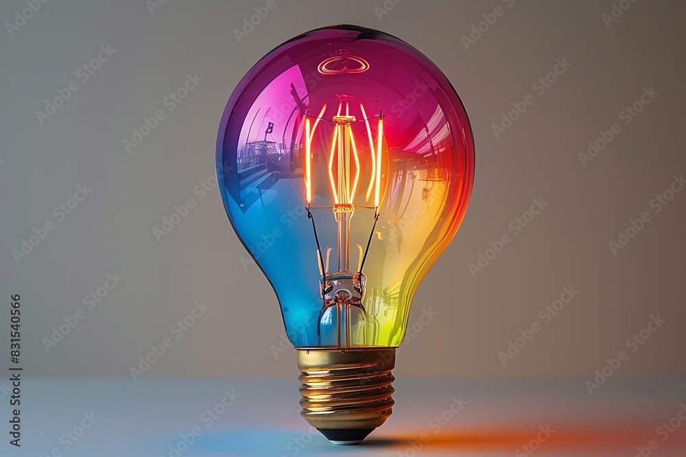 A bright and colorful lightbulb with rainbow filament, glowing against a solid white background A bright and colorful lightbulb with rainbow filament, glowing against a solid white background