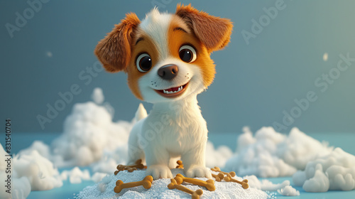 cute puppy standing by his food bones with sky blur effect background, happy dog  photo