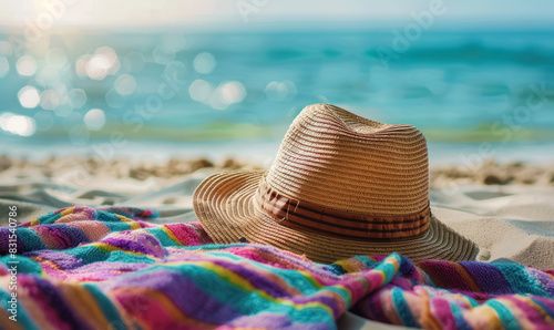 straw hat and colorful towel on a sunny sandy beach with shimmering sea in the background