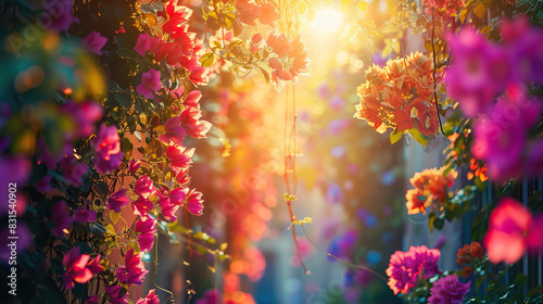 flower garden bloomed in sunlight , colorful flowers , beautiful scenery path way abstract background art