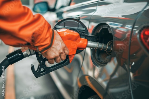 At a gas station, a person in a yellow jacket is fueling up a car using a fuel nozzle photo