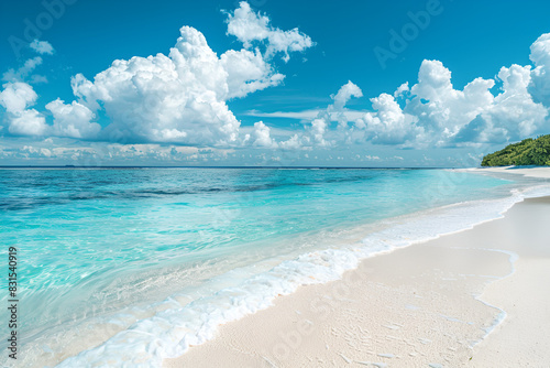 Beautiful sandy beach with white sand and rolling calm wave of turquoise ocean on Sunny day on background white clouds in blue sky. Island in Maldives  colorful perfect panoramic natural landscape.