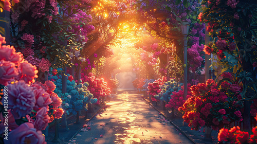 flower garden bloomed in sunlight , colorful flowers , beautiful scenery path way abstract background art