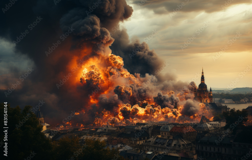 Fototapeta premium Dramatic view of a large burning fire in the city.