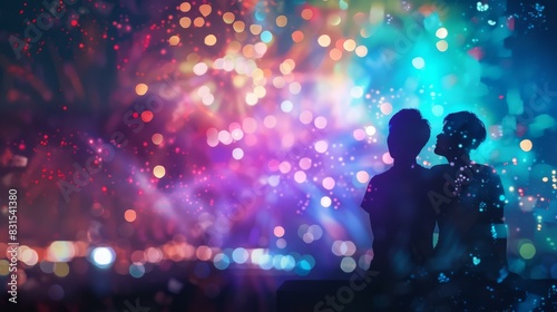 Silhouetted Couple Watching Colorful Fireworks Display Background © Skyfe