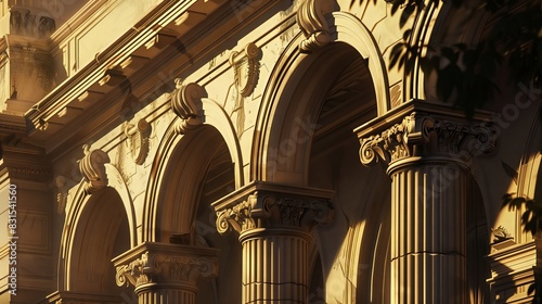 Renaissance archivolts, with pilasters and pediments, glow in warm, late afternoon light, revealing details. photo