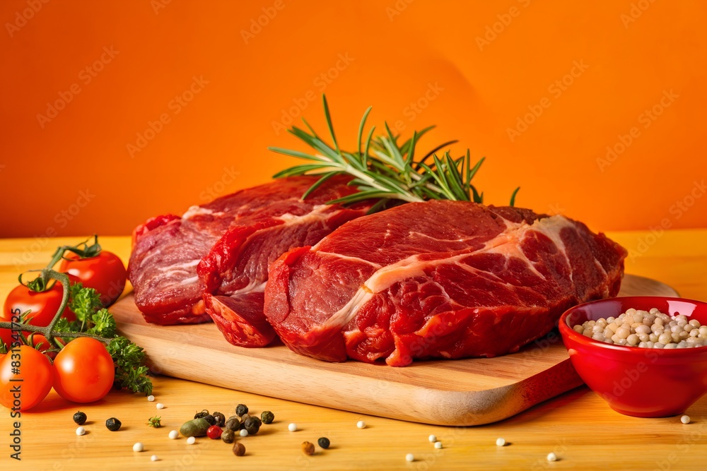 The image showcases a raw steak, likely a ribeye cut, . The meat is marbled with fat, The image showcases a raw steak, likely a ribeye cut, . The meat is marbled with fat,