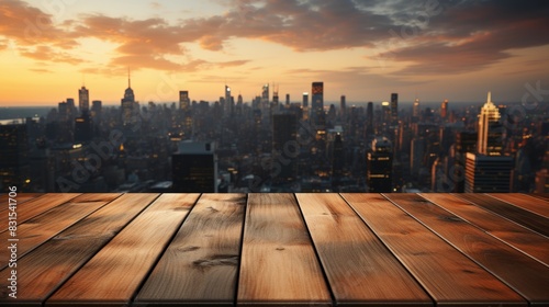 Empty wooden table with city street view in the background.