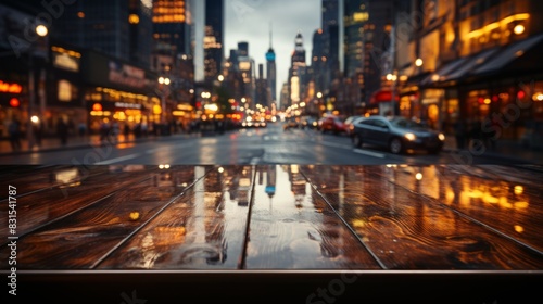 Empty wooden table with city street view in the background.