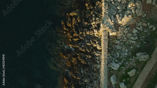 Aerial drone video. Blue Mediterranean Sea. Rocks. Breathtaking view.Sunset.Cap d'Antibes