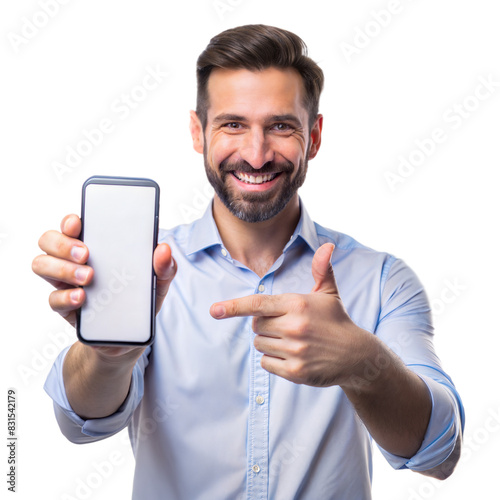 A cheerful man in a blue shirt points to his blank smartphone screen, with a transparent background