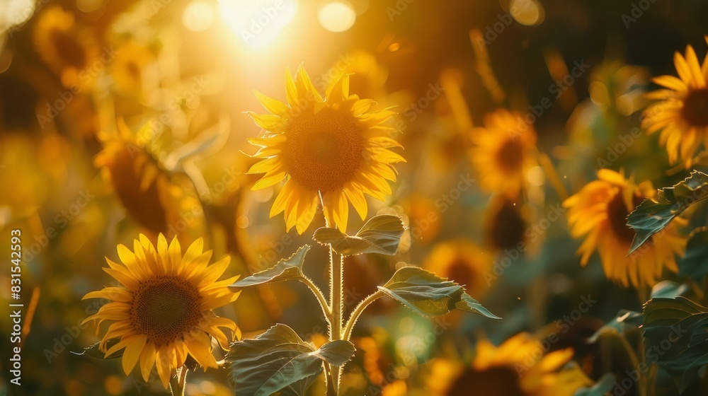 Sunflowers grow in field during sunset. Sunflowers grow in field during sunset.