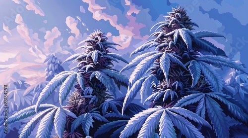 Detailed pixel art depiction of a cannabis plant with frost covered leaves