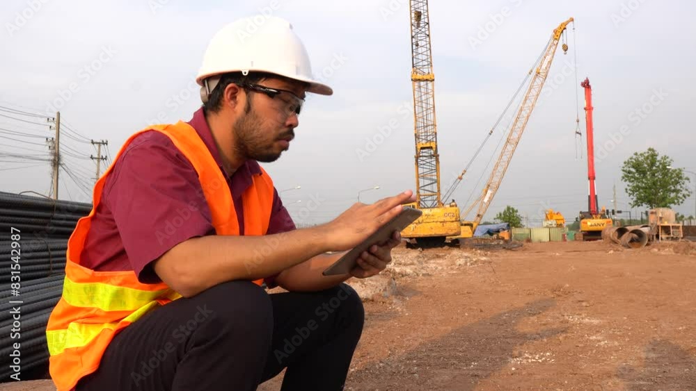 Civil engineer inspects tollway bridge structure,Contractors check specifications before delivering work. Civil engineer inspects tollway bridge structure,Contractors check specifications before delivering work.