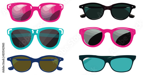 Cute big set of colorful sunglasses. Different shapes, colors. Plastic, metal frame. Hand drawn modern. Design elements set. Vector trend illustration in flat style isolated. Eps 10