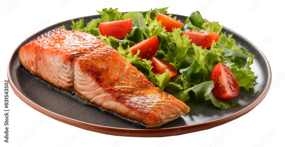 Baked salmon fish fillet with fresh salad isolated on transparent background Baked salmon fish fillet with fresh salad isolated on transparent background