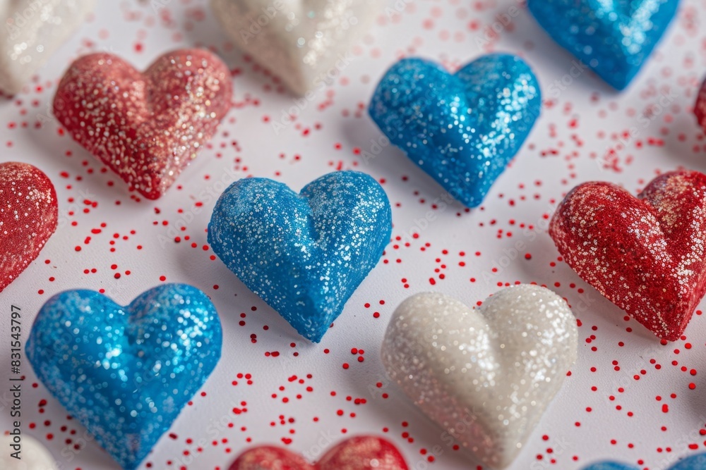 heart pattern in red, white and blue glitter on a plain background Generative AI heart pattern in red, white and blue glitter on a plain background Generative AI