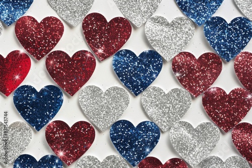 pattern of glitter red white and blue hearts, with each heart filled in different shades of silver glitter on a pure white background Generative AI