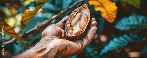 Hand holding a cacao pod in a plantation.