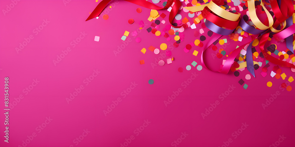 Magenta banner with confetti and festive decorations Magenta banner with confetti and festive decorations