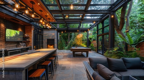 A modern outdoor bar and grill with an island counter, billiard table, couches, tv on the wall, built-in fireplace, covered area with a glass roof, high 